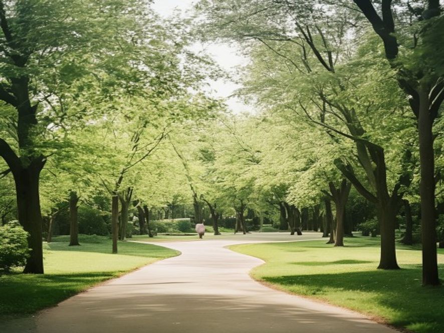 Peaceful urban park with scattered trees and winding pathways